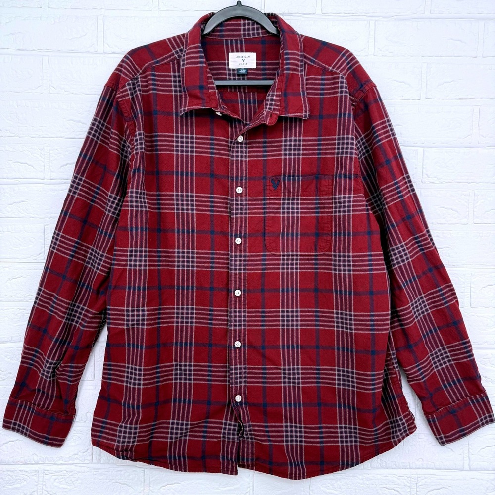 American Eagle Oversized Red Plaid Flannel Shirt XXL Grunge Cabin Workwear